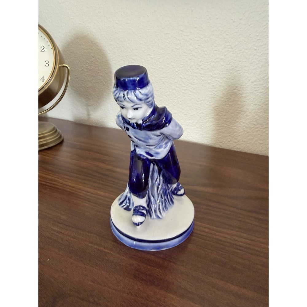 Vintage Delft Blue Ice Skater Boy Figurine #108 Dutch Blue White Porcelain